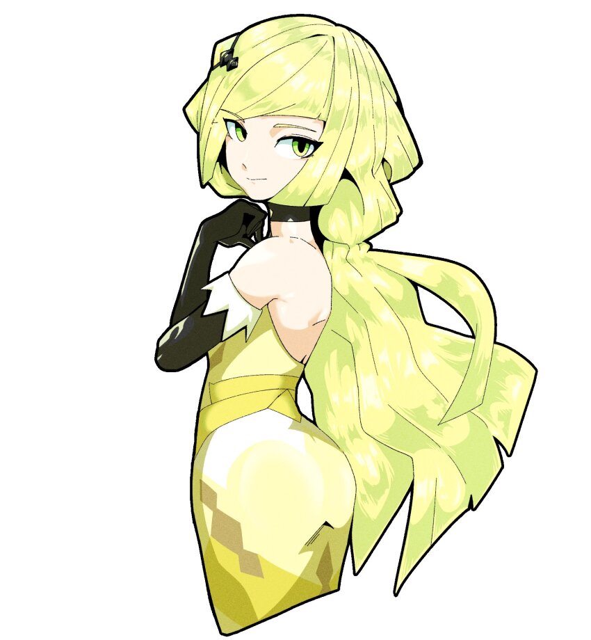 1girl, bare_shoulders, black_choker, black_gloves, blonde_hair, blunt_bangs, choker, closed_mouth