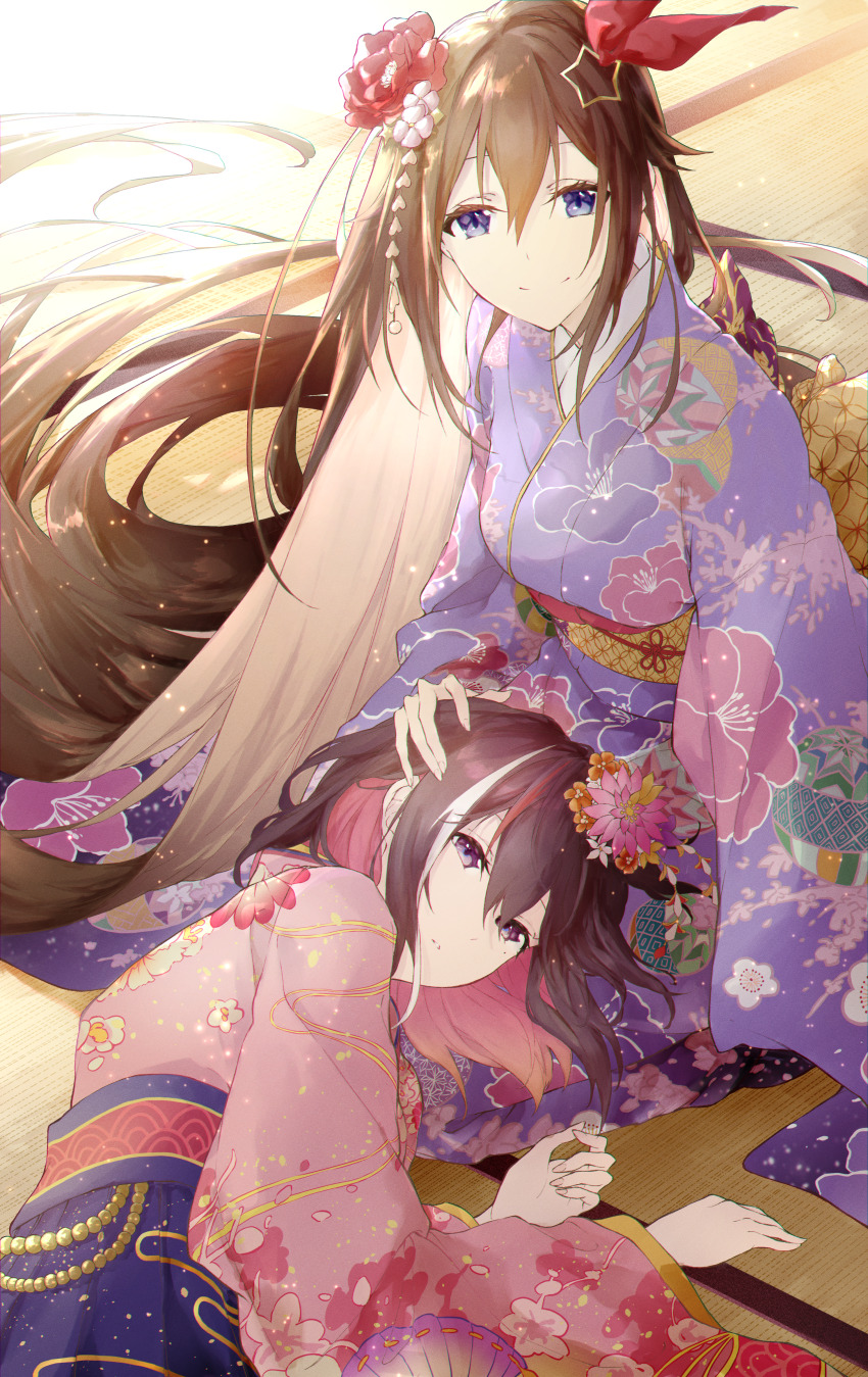 2girls, absurdres, asahi_tsujino, azki_(hololive), azki_(new_year)_(hololive), blue_eyes, blue_hakama, blue_kimono