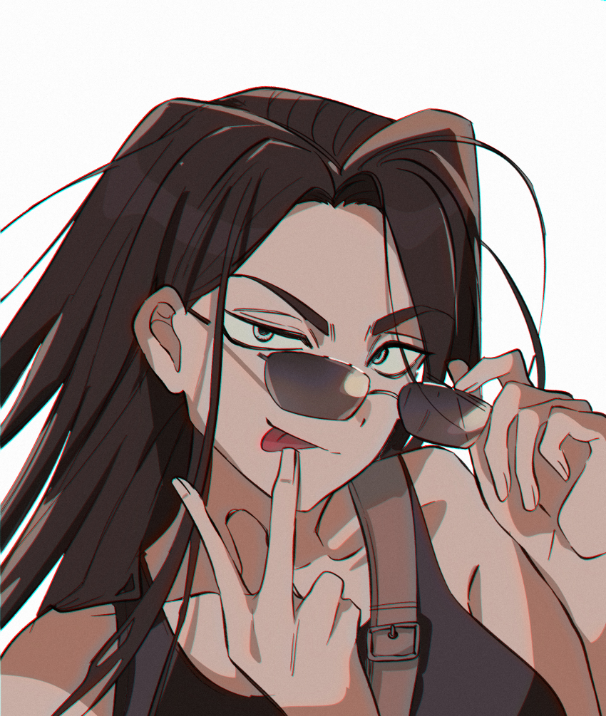 1girl, absurdres, adjusting_eyewear, alien_stage, black_tank_top, brown_hair, commentary_request, dark-skinned_female