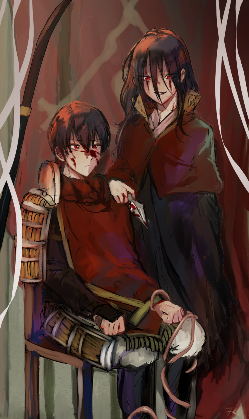1boy, 1girl, absurdres, ancestor_and_descendant, arm_on_another's_shoulder, armor, arms_on_knees, blood, blood_on_face, bloody_weapon, chair, cloak, fumetsu_no_anata_e, hair_between_eyes, hayase_(fumetsu_no_anata_e), highres, holding, holding_kunai, holding_weapon, hood, hooded_cloak, japanese_armor, kahaku_(fumetsu_no_anata_e), kunai, long_hair, looking_at_another, messy_hair, nokkers_(fumetsu_no_anata_e), on_chair, red_cloak, red_eyes, reincarnation, related, short_hair, shoulder_armor, sitting, smile, veins, veiny_face, veiny_neck, weapon, woro_4