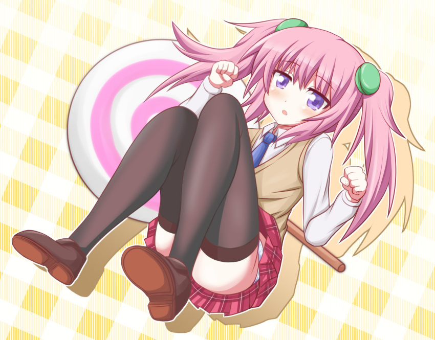 1girl, amamine_saki, black_thighhighs, blue_necktie, blush, bullet_girls, candy, clenched_hands, collared_shirt, food, hair_between_eyes, hands_up, loafers, lollipop, long_hair, necktie, open_mouth, panties, pantyshot, pink_hair, plaid_clothes, plaid_skirt, pleated_skirt, purple_eyes, school_uniform, shirt, shoes, sitting, skirt, solo, sweater_vest, swirl_lollipop, tamayan, thighhighs, twintails, underwear, white_panties, white_shirt, yellow_sweater_vest