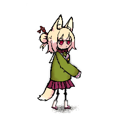 1girl, :/, animal_collar, animal_ear_fluff, animal_ears, bell, blonde_hair, blouse, blush, borrowed_character, closed_mouth, collar, commentary, english_commentary, fox_ears, fox_girl, fox_tail, green_shirt, hair_bun, hair_ornament, hair_stick, heel_up, jingle_bell, kemomimi-chan_(naga_u), long_sleeves, lowres, medium_hair, miniskirt, neck_bell, nethercrowcs, no_eyebrows, one_hour_one_life, original, parody, pixel_art, pleated_skirt, red_collar, red_eyes, red_skirt, sailor_collar, sandals, shadow, shirt, simple_background, single_side_bun, skirt, sleeves_past_fingers, sleeves_past_wrists, socks, solo, standing, tail, white_background, white_sailor_collar, white_socks, yellow_tail, zouri