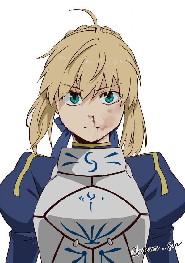 1girl, ahoge, armor, artoria_pendragon_(fate), blonde_hair, blood, breastplate, bruise