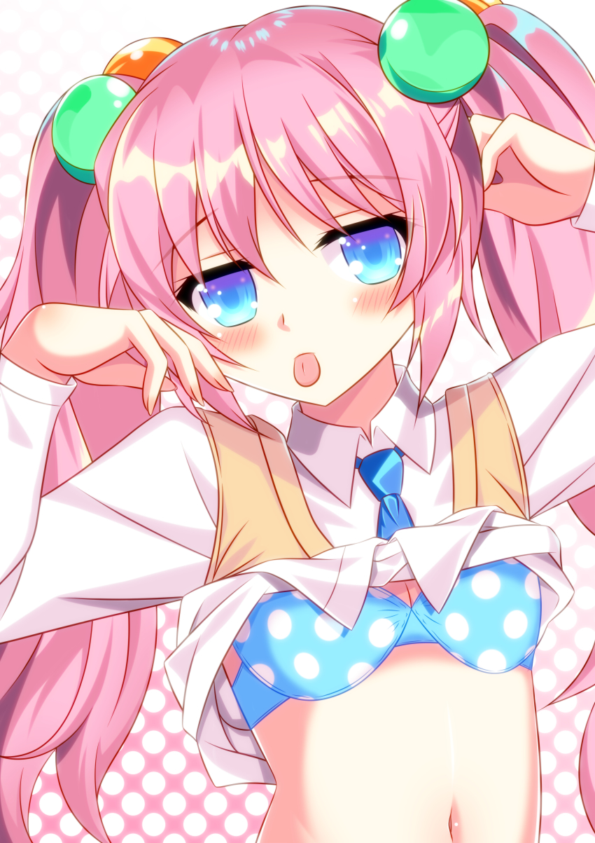 1girl, amamine_saki, blue_eyes, blue_necktie, blush, bra, breasts, bullet_girls