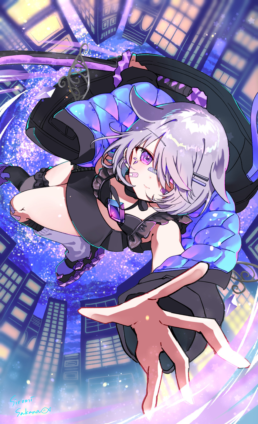 0_sakana_san, 1girl, absurdres, bandaid, bandaid_on_cheek, bandaid_on_face, bandaid_on_nose, black_jacket