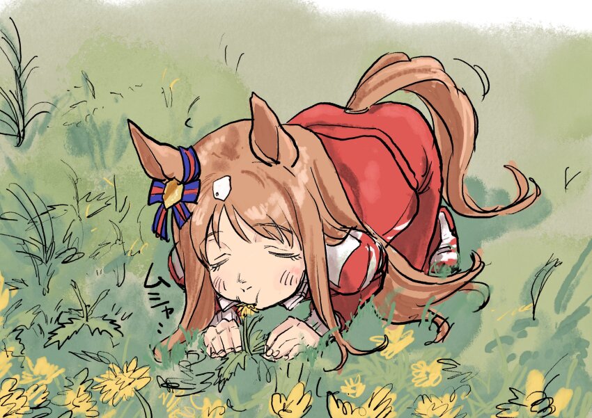 1girl, all_fours, animal_ears, brown_hair, closed_eyes, closed_mouth, dandelion, e-ncyo