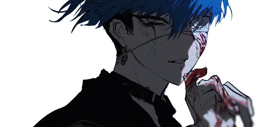 1boy, blood, blood_on_face, blood_on_hands, blue_hair, earrings, eyepatch, highres