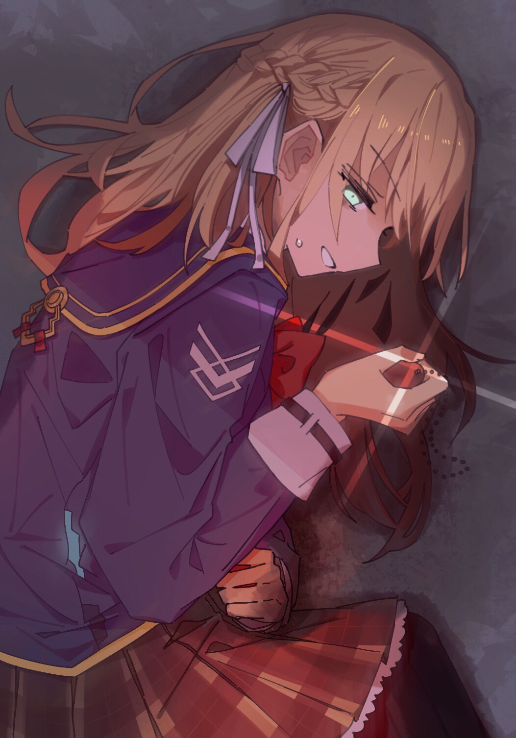 1girl, blonde_hair, blood, blue_jacket, blush, bow, braid, green_eyes, hair_ribbon, half_up_braid, heaven_burns_red, highres, hood, jacket, long_hair, long_sleeves, lying, on_side, red_bow, ribbon, solo, tkeo3, toujou_tsukasa, white_ribbon