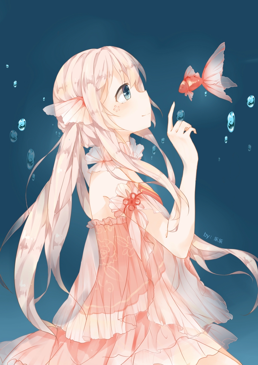 1girl, absurdres, artist_name, bare_arms, blonde_hair, blue_eyes, bubble, chinese_commentary, choker, closed_mouth, commentary_request, cowboy_shot, crimson_creek_(miracle_nikki), detached_sleeves, dress, facial_tattoo, fins, fish, flower_tattoo, frilled_choker, frilled_dress, frills, from_side, goldfish, happy, head_fins, highres, long_hair, looking_at_animal, low_twintails, miracle_nikki, nikki_(series), red_dress, see-through_choker, see-through_clothes, see-through_sleeves, shatang_le, short_sleeves, smile, solo, strapless, strapless_dress, tattoo, twintails, underwater, very_long_hair, white_choker, white_sleeves