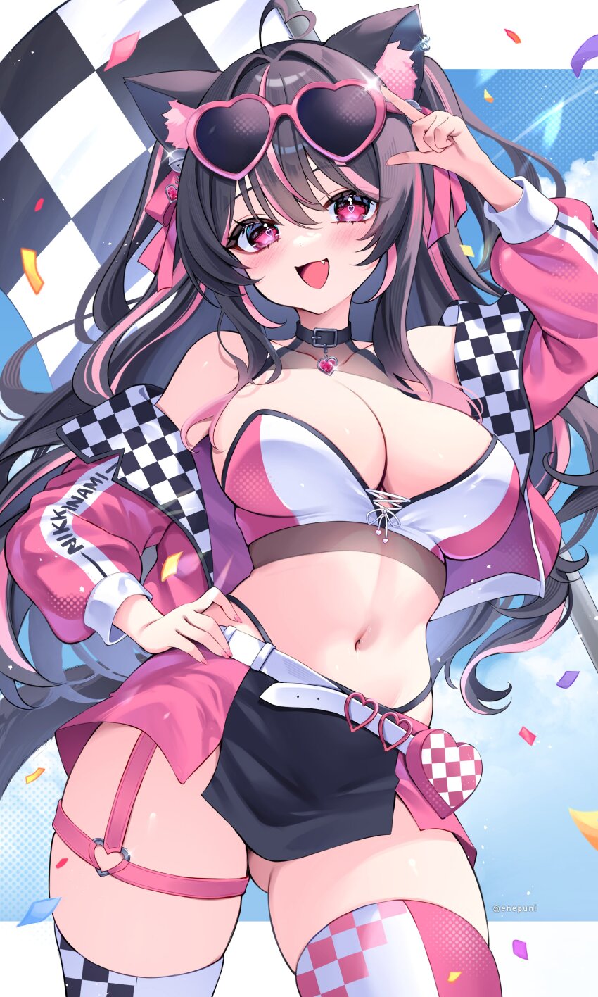 1girl, absurdres, ahoge, animal_ears, arm_up, asymmetrical_legwear, bare_shoulders, bell, belt, black_choker, black_hair, black_skirt, breasts, cat_ears, checkered_clothes, checkered_flag, choker, cleavage, collarbone, commentary, cowboy_shot, crop_top, eneru_(enepuni), eyewear_on_head, fang, flag, gluteal_fold, hair_ribbon, halterneck, hand_on_own_hip, heart, heart-shaped_eyewear, heart-shaped_pupils, heart_ahoge, highleg, highres, indie_virtual_youtuber, jacket, jingle_bell, large_breasts, long_hair, looking_at_viewer, midriff, miniskirt, mismatched_legwear, multicolored_hair, navel, nikkinyami_(vtuber), off_shoulder, open_clothes, open_jacket, open_mouth, panty_straps, pink_eyes, pink_jacket, pink_skirt, pink_thighhighs, race_queen, ribbon, shirt, skindentation, skirt, sleeveless, sleeveless_shirt, smile, solo, stomach, streaked_hair, sunglasses, symbol-shaped_pupils, thigh_strap, thighhighs, two-tone_shirt, two-tone_skirt, two_side_up, very_long_hair, virtual_youtuber, white_shirt, white_thighhighs, zettai_ryouiki