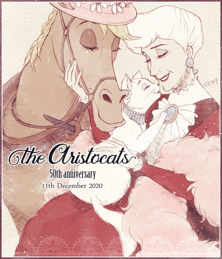 1girl, animal, anniversary, brooch, cat, copyright_name, dated, dress, duchess_(disney), earrings, eyelashes, feather_boa, frou-frou, highres, holding, holding_animal, holding_cat, jewelry, madame_adelaide_bonfamille, momosaki_hiromu, old, old_woman, parted_lips, red_dress, short_hair, the_aristocats, white_cat, white_hair