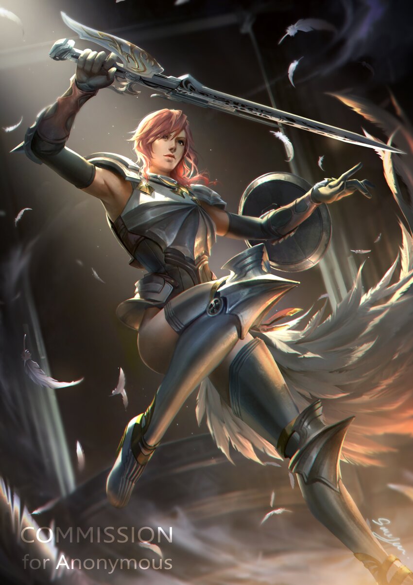 1girl, absurdres, armor, armpits, asymmetrical_hair, black_sleeves, breastplate, commission