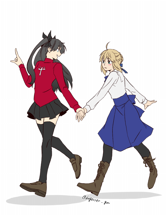 ahoge, artoria_pendragon_(fate), black_hair, black_pantyhose, black_skirt, black_thighhighs, blonde_hair, blue_eyes