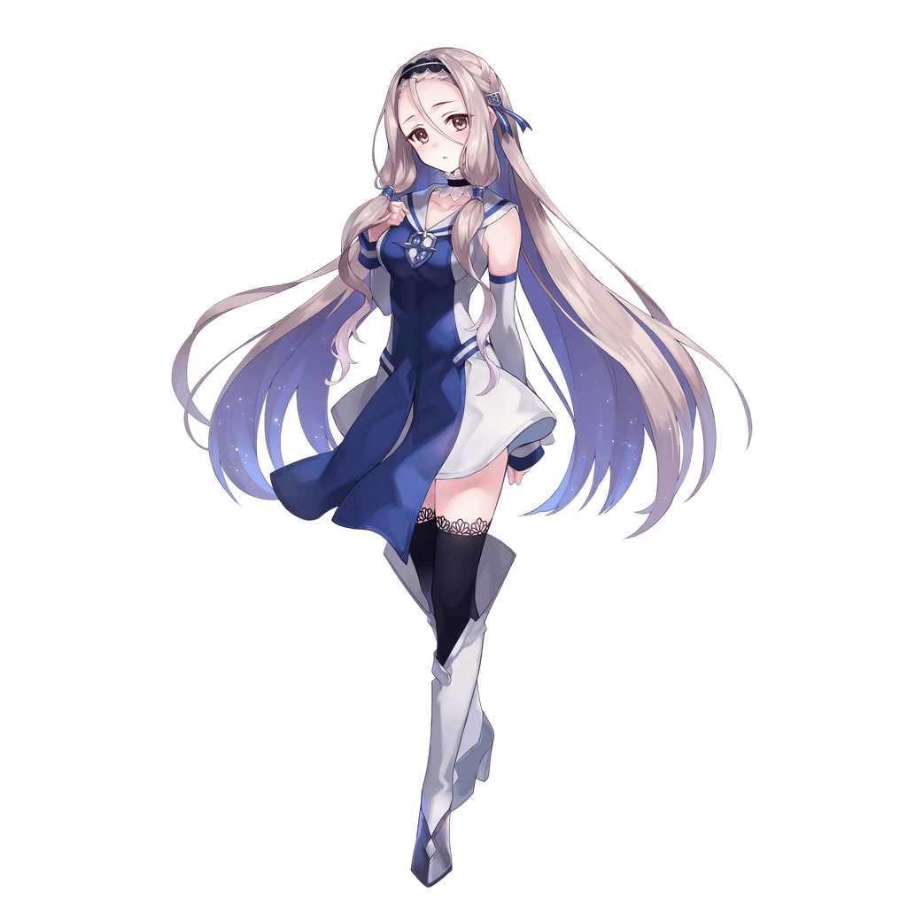 1girl, aster_tatariqus, black_choker, black_hairband, black_thighhighs, blue_dress, boots, camelot_academy_of_chivalry_school_uniform, choker, commentary_request, detached_sleeves, dress, full_body, grey_boots, grey_hair, gwenhwymawr_(aster_tatariqus), hairband, high_heel_boots, high_heels, long_hair, looking_at_viewer, official_art, parted_lips, sailor_collar, school_uniform, simple_background, sleeveless, sleeveless_dress, solo, standing, tachi-e, thighhighs, third-party_source, transparent_background, two-tone_dress, white_dress, white_sailor_collar