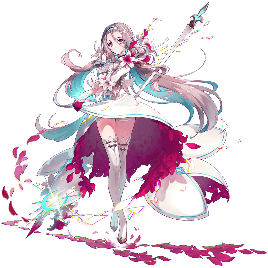 1girl, aqua_hair, aster_tatariqus, boots, breasts, cleavage, closed_mouth, colored_inner_hair, commentary_request, expressionless, flower, full_body, gloves, grey_hair, gwenhwymawr_(aster_tatariqus), hair_between_eyes, hairband, holding, holding_polearm, holding_weapon, long_hair, looking_at_viewer, multicolored_hair, official_alternate_costume, official_art, polearm, red_eyes, red_gloves, simple_background, solo, spear, standing, tachi-e, thigh_boots, thighs, third-party_source, transparent_background, weapon, white_boots, white_flower, white_hairband