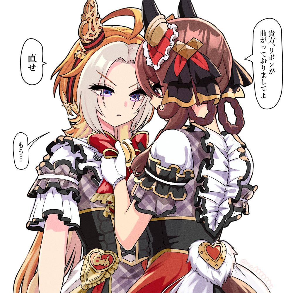 2girls, adjusting_bow, ahoge, animal_ears, black_bow, blonde_hair, bow, bowtie