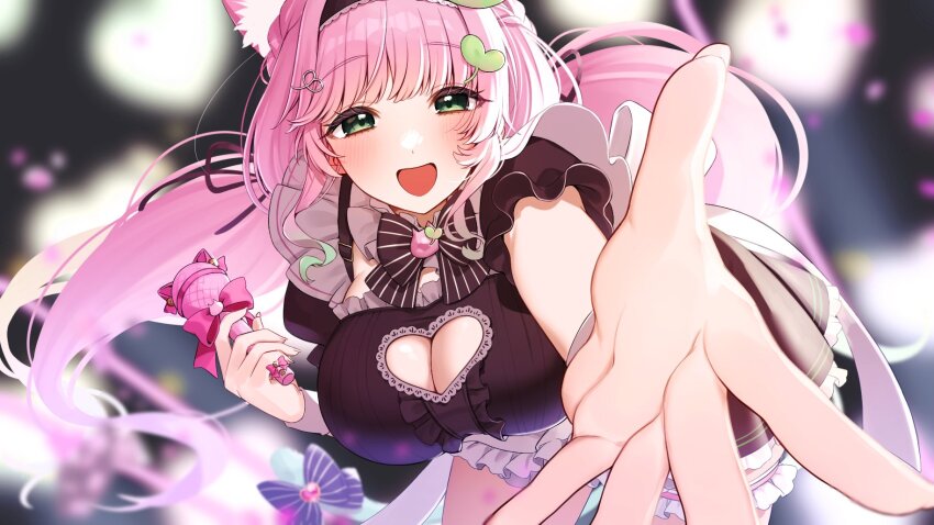 1girl, bent_over, black_bow, black_bowtie, black_dress, blush, bow, bowtie