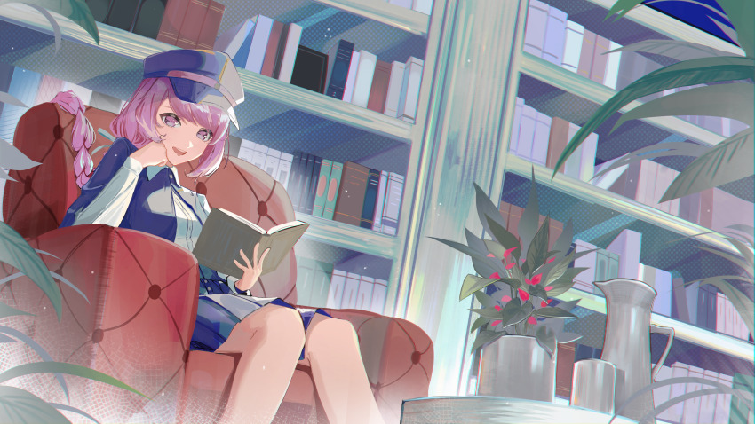 1girl, absurdres, book, bookshelf, braid, braided_ponytail, hat, highres