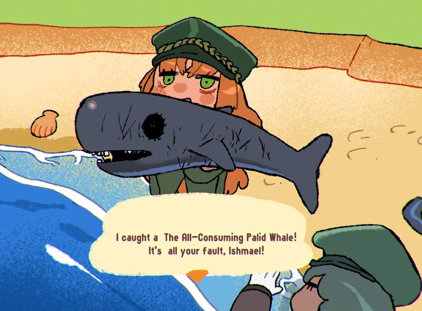2girls, ahab_(project_moon), animal, animal_crossing, animal_crossing:_new_horizons, beach, english_text, green_eyes, green_hat, green_pants, grey_hair, hat, highres, holding, holding_animal, ishmael_(project_moon), limbus_company, long_hair, lying, multiple_girls, nintendo, ocean, on_side, orange_hair, pants, peaked_cap, pequod_(identity)_(project_moon), project_moon, seashell, shell, the_pallid_whale, water, yongsadragon