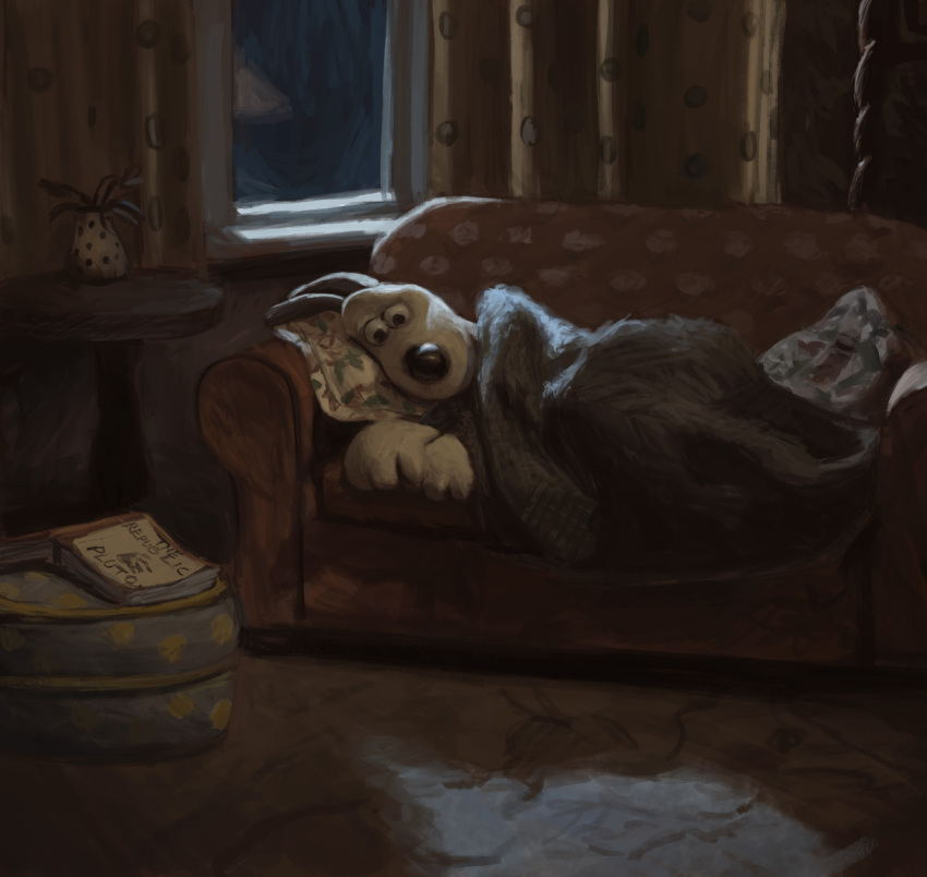1boy, couch, furry, gromit, highres, indoors, lying, moonlight, night, olliemnjones, on_couch, on_side, plant, potted_plant, shadow, sky, table, vase, wallace_&amp;_gromit