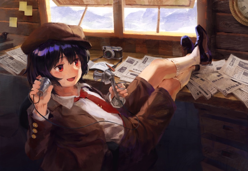 1girl, antique_phone, black_hair, black_shoes, brown_shorts, newsboy_cap, camera, candlestick_phone, clock, commentary_request, desk, full_body, hat, highres, indoors, kneehighs, loafers, long_hair, necktie, newspaper, open_mouth, pen, pointy_ears, red_eyes, red_necktie, satellitedragon, shameimaru_aya, shameimaru_aya_(newsboy), shirt, shoes, shorts, socks, solo, sticky_note, touhou, white_shirt, white_socks, window