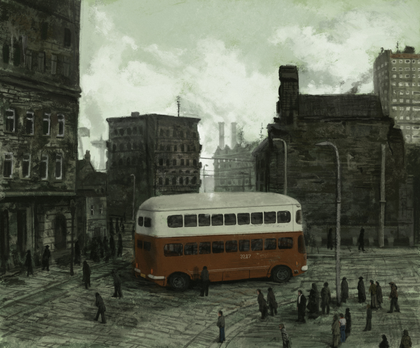 apartment, building, bus, chimney, city, double-decker_bus, grey_sky, highres, lamppost, motor_vehicle, olliemnjones, original, people, road, scenery, sky, street