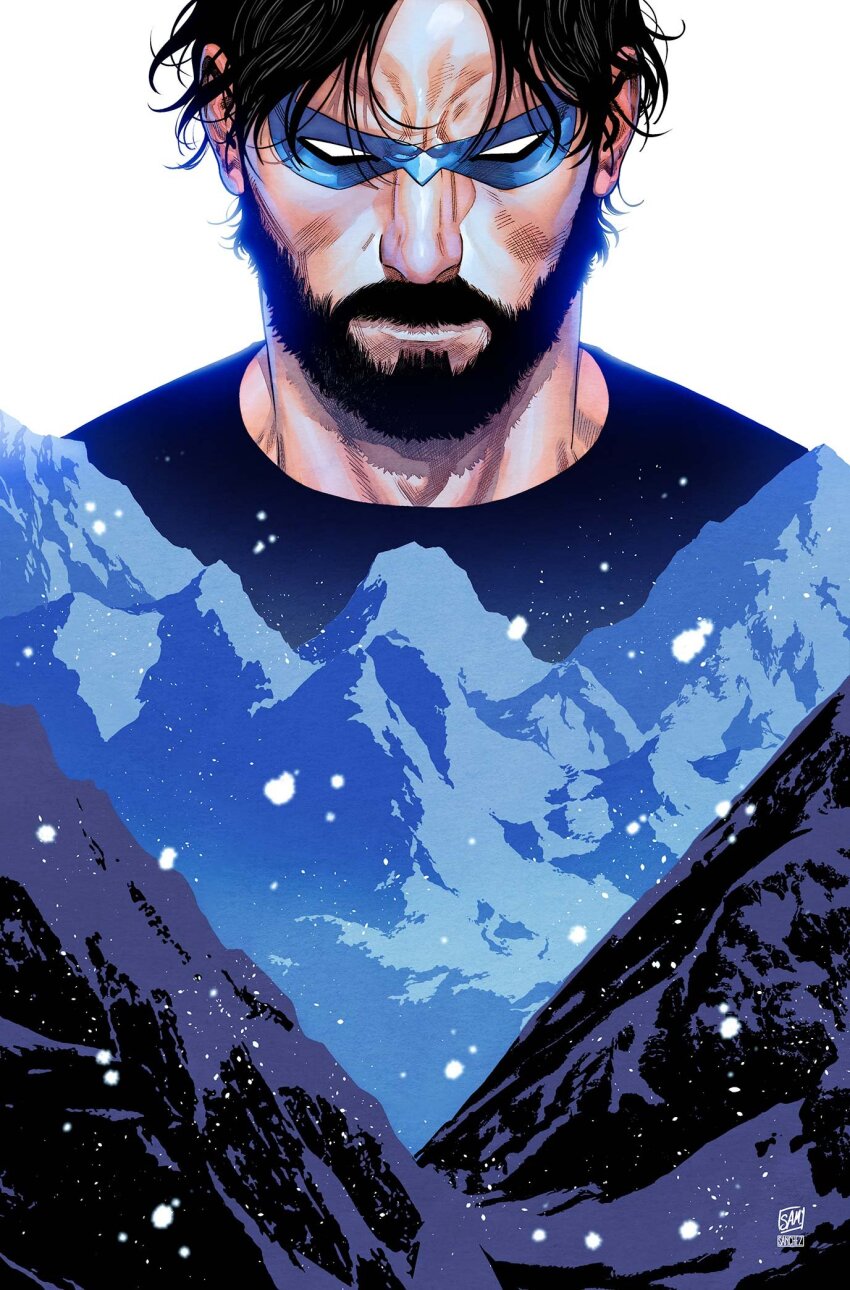 1boy, alejandro_sanchez, artist_collaboration, batman_(series), beard, black_hair, black_shirt, blue_mask