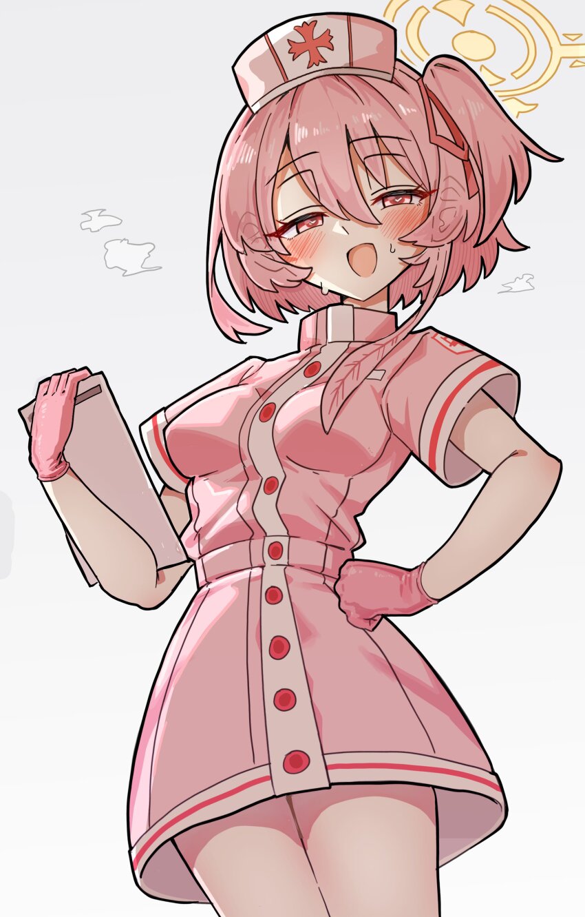 1girl, absurdres, blue_archive, blush, cowboy_shot, dress, gloves, grey_background