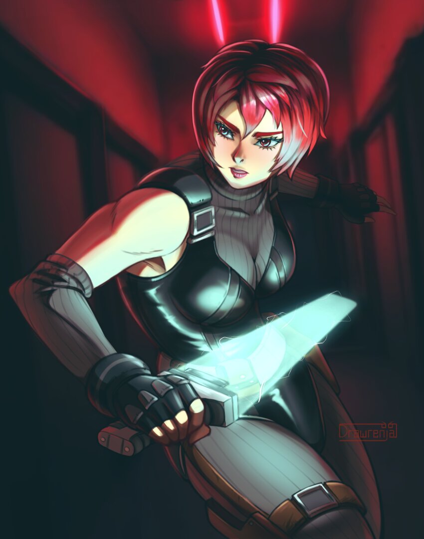 1girl, absurdres, artist_logo, bare_shoulders, belt, black_gloves, black_jacket, breasts, cleavage, commentary, covered_collarbone, detached_sleeves, dino_crisis, drawrenja, energy_sword, english_commentary, fingerless_gloves, gloves, grey_pants, grey_sleeves, hair_between_eyes, highres, holding, holding_sword, holding_weapon, indoors, jacket, logo, looking_to_the_side, medium_breasts, pants, red_eyes, red_hair, red_lips, regina_(dino_crisis), short_hair, solo, sword, thigh_belt, thigh_strap, weapon