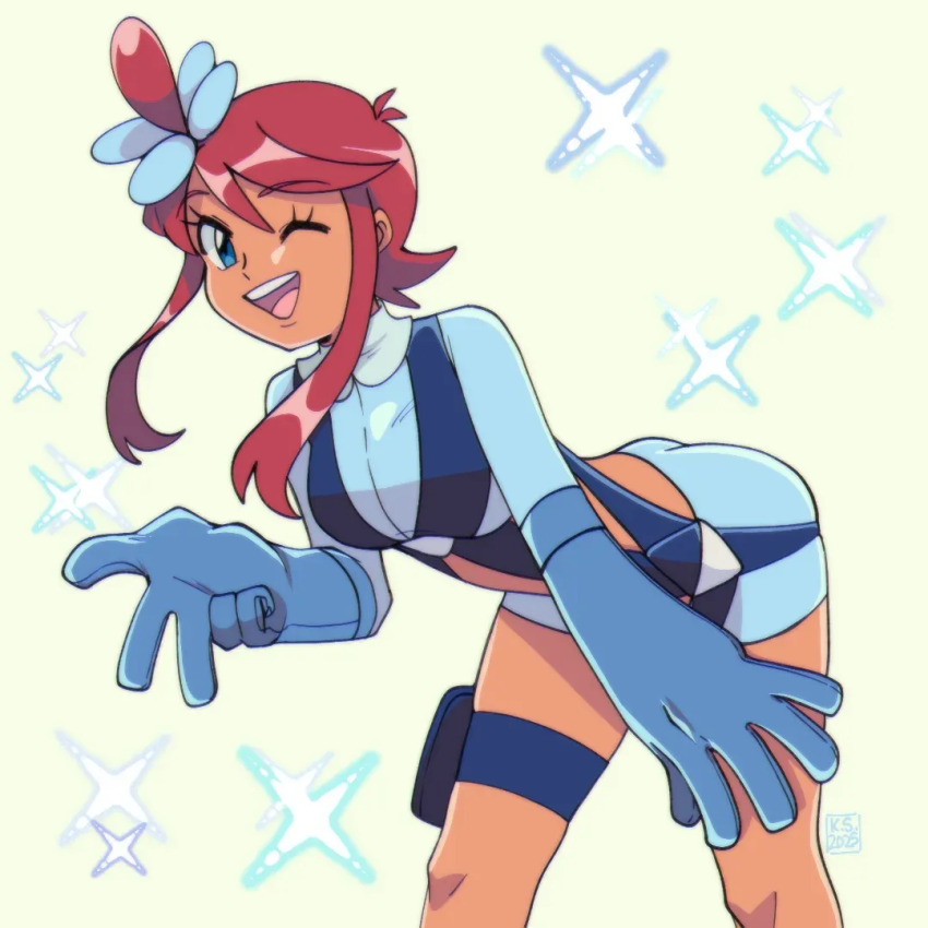 1girl, ass, blue_eyes, crop_top, dark-skinned_female, dark_skin, gloves, kaguras-art