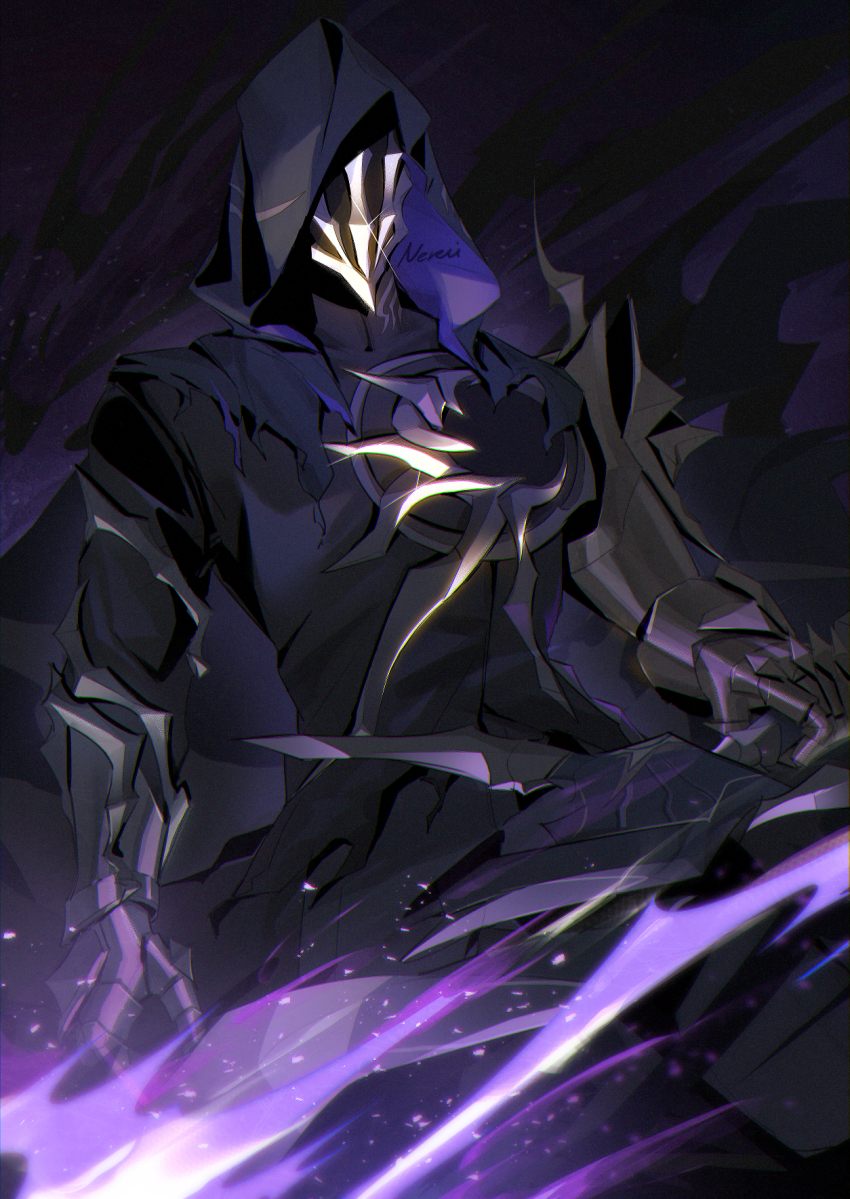 1boy, black_cape, black_cloak, black_hood, black_pants, cape, chromatic_aberration, cloak