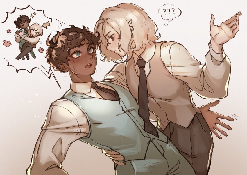 2boys, ?, ??, absurdres, arm_around_another's_waist, bags_under_eyes, black_eyes, black_hair