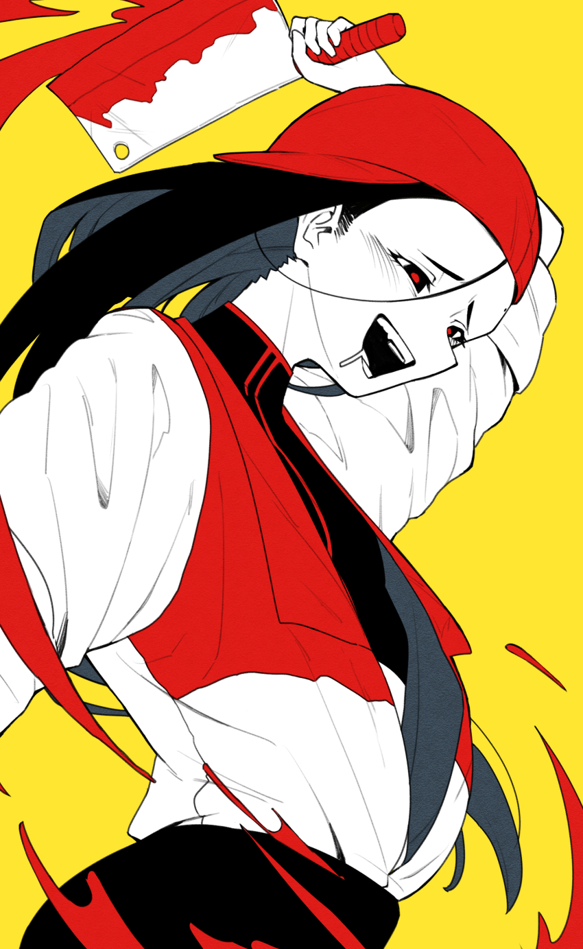 1girl, absurdres, backwards_hat, baseball_cap, black_eyes, black_hair, black_pants, black_shirt