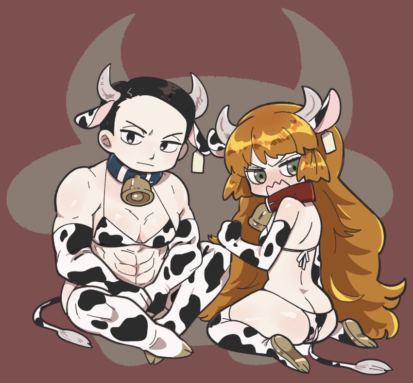 1boy, 1girl, abs, animal_ears, animal_print, ass, bell, belt_collar