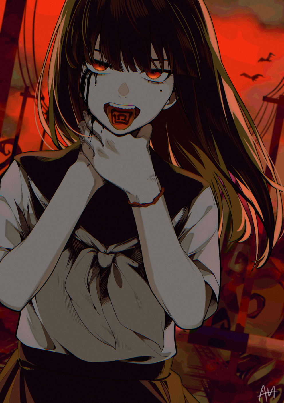 1girl, black_sailor_collar, blunt_bangs, bracelet, brown_hair, hair_between_eyes, highres, jewelry, liquid_from_eyes, long_hair, looking_at_viewer, mole, mole_under_eye, neckerchief, open_mouth, pale_skin, red_eyes, red_sky, rinne_(vocaloid), sailor_collar, sato_(r017xts117), school_uniform, serafuku, shirt, shirt_tucked_in, skirt, sky, solo, straight-on, strangling, teeth, tongue, tongue_out, tongue_writing, upper_teeth_only, white_neckerchief, white_shirt