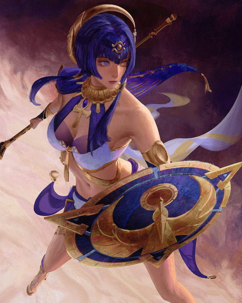 1girl, bare_shoulders, blue_eyes, blue_hair, breasts, candace_(genshin_impact), cleavage, commentary