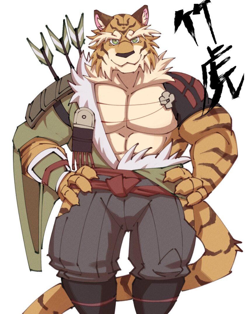 1boy, abs, animal_ear_fluff, animal_ears, arrow_(projectile), bara, animal_nose, character_name, claws, commentary, furry, furry_male, hands_on_own_hips, highres, japanese_clothes, looking_at_viewer, male_focus, muscular, muscular_male, pectorals, tail, taketora_(yasha), thick_eyebrows, tiger_boy, tiger_ears, tiger_stripes, tiger_tail, translated, urakata5x, white_background, yasha_legends_of_the_demon_blade