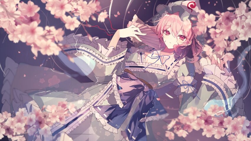 1girl, afloat, arm_garter, blue_hat, blue_kimono, blue_ribbon, blue_sash, breasts