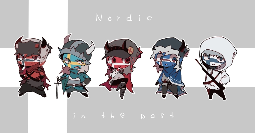 5boys, belt, black_belt, black_boots, blue_cape, blue_scarf, blue_skin, boots, newsboy_cap, cape, closed_mouth, colored_skin, countryhumans, denmark_(countryhumans), finland_(countryhumans), full_body, grey_hat, hat, highres, hood, hood_u, hoodie, iceland_(countryhumans), kashiwabiso, looking_at_viewer, multiple_boys, norway_(countryhumans), parted_lips, red_cape, red_eyes, red_scarf, red_skin, scarf, smile, sweden_(countryhumans), white_hoodie