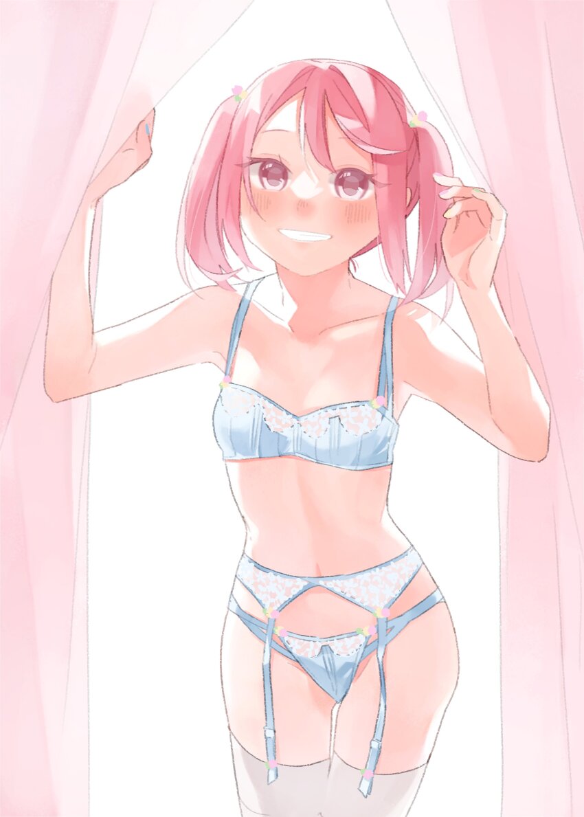 1girl, absurdres, blue_bra, blue_panties, bra, breasts, commentary_request, cowboy_shot