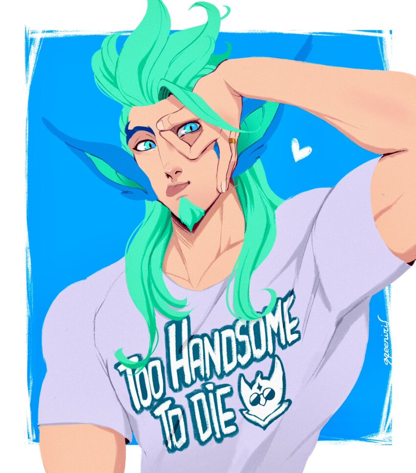 1boy, :p, alternate_costume, blue_background, blue_eyes, clothes_writing, english_text, green_(greeniris)