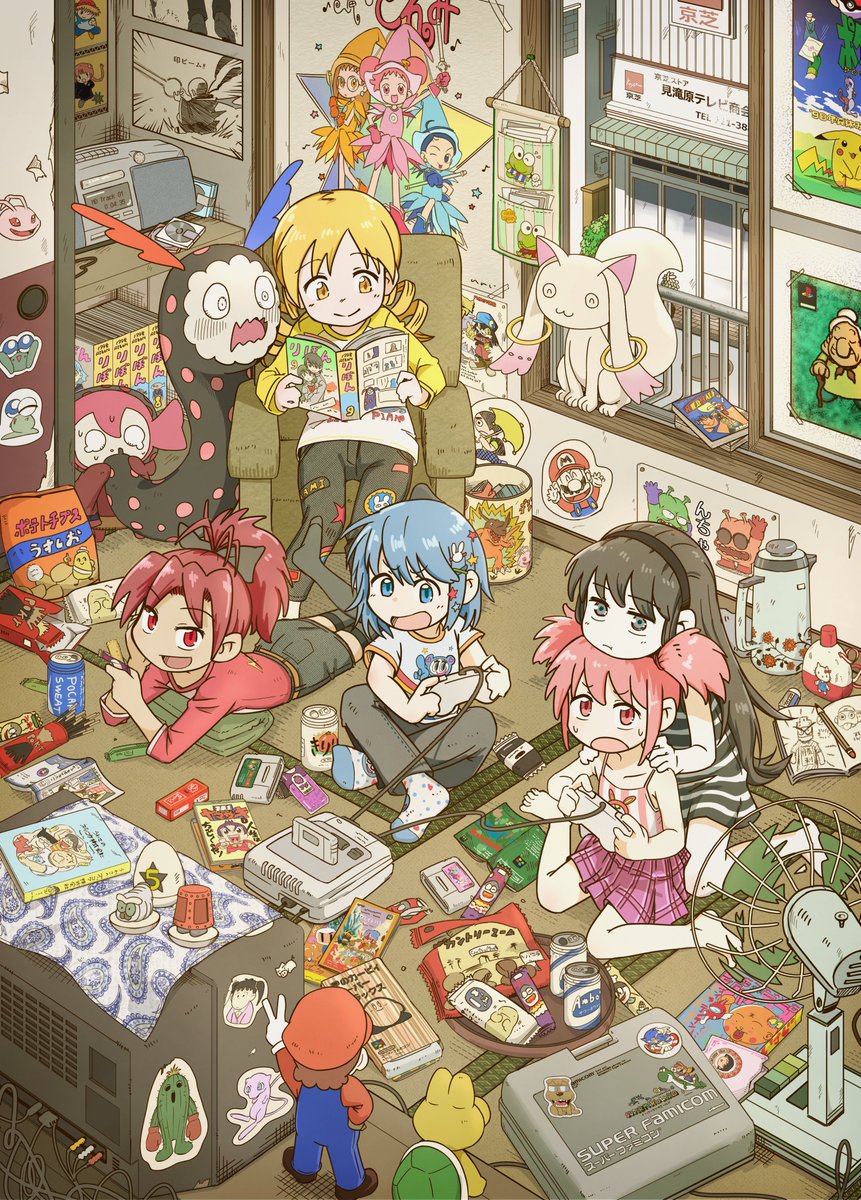 5girls, absurdly_detailed_composition, airpot, akemi_homura, angel_blue, azuki-chan, berrie_(mezzo_piano), bomberman, bomberman_(character), book, calbee_(potato_chips), cassette_player, casual, character_request, charlotte_(madoka_magica), chibi_maruko-chan, compati_hero, couch, country_ma'am, digimon, digimon_(creature), digimon_adventure, dr._slump, electric_fan, fighter_roar, figure, food, fujiwara_hazuki, gakkyuu_ou_yamazaki, game_console, game_controller, gen_1_pokemon, granny_(moon), greymon, gyakkuu_ou_yamazaki, hanasaka_tenshi_tenten-kun, harukaze_doremi, hasunoue_keroppi, hello_kitty, hello_kitty_(character), highres, hoshi_no_kirby_super_deluxe, indoors, kamen_rider_black_rx, kaname_madoka, kaze_no_klonoa, kero_kero_keroppi, keroppi, king_nikochan, king_nikochan's_servant, kirby, kirby_(series), kiriri_(spring_water), klonoa, koopa_troopa, koromon, kukuri_(mahoujin_guruguru), kyubey, legendary_pokemon, loaded_interior, mahou_shoujo_madoka_magica, mahoujin_guruguru, mario, mario_(series), mew_(pokemon), mewtwo, mezzo_piano, miki_sayaka, moon_(love-de-lic), multiple_girls, mythical_pokemon, nakamura-kun_(angel_blue), nike_(mahoujin_guruguru), nintendo, noyama_azusa, ojamajo_doremi, okai_(pixiv6333), pikachu, playing_games, playing_video_games, pocari_sweat, pocky, pokemon, pokemon_(creature), poster_(object), ribon_(magazine), sakura_kyoko, sakura_momoko, sanrio, senoo_aiko, shounen_jump, sonic_(series), sonic_adventure, sonic_the_hedgehog, super_bomberman, super_donkey_kong, super_famicom, super_famicom_carrying_case, super_famicom_controller, super_mario-kun, super_mario_world, super_robot_wars, super_robot_wars_original_generation, tatami, television, tenten-kun, the_great_battle_iii, togemon, tomoe_mami, turtle, watanabe_(gakkyuu_ou_yamazaki), white_bomberman, yamazaki_(gakkyuu_ou_yamazaki), yoshi