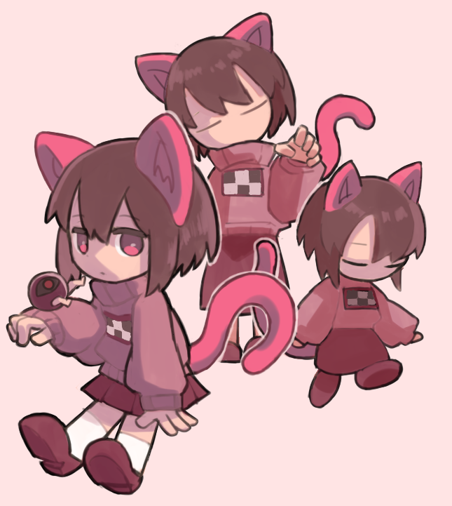 1girl, alternate_hairstyle, animal_ears, brown_hair, cat_tail, chibi, closed_eyes, closed_mouth