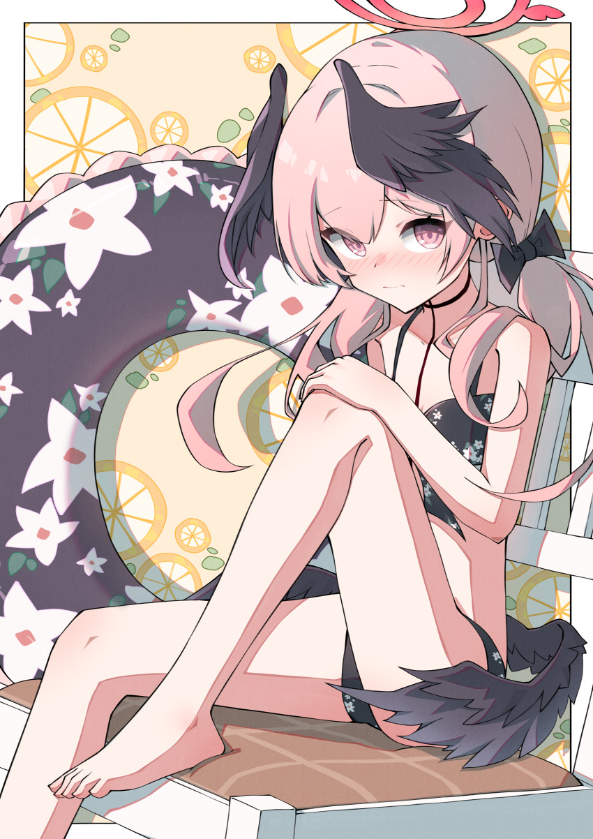 1girl, absurdres, anleewind, barefoot, bikini, black_bikini, black_bow, black_choker