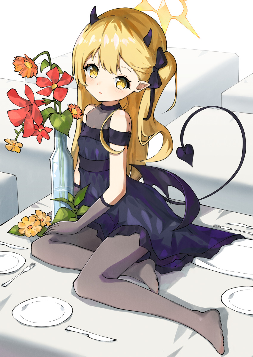 1girl, absurdres, anleewind, bare_shoulders, black_bow, black_dress, black_pantyhose, blonde_hair