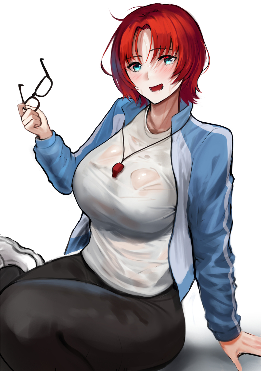 1girl, absurdres, black_pants, blue_eyes, blue_jacket, boudica_(fate), breasts, fate/grand_order