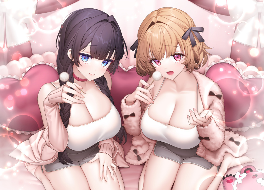 2girls, absurdres, barefoot, black_hair, blue_eyes, braid, breasts, brown_hair