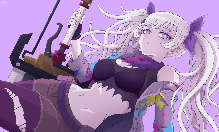 1girl, :d, artist_request, bow, breasts, brown_shorts, cleavage, dirty