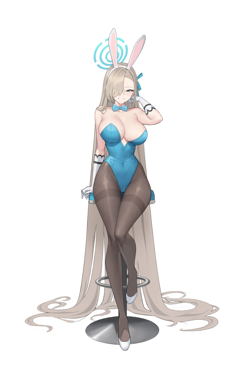 1girl, absurdres, animal_ear_hairband, animal_ears, asuna_(blue_archive), asuna_(bunny)_(blue_archive), bare_shoulders, black_pantyhose, blonde_hair, blue_archive, blue_bow, blue_bowtie, blue_eyes, blue_leotard, blush, bow, bowtie, breasts, cleavage, detached_collar, elbow_gloves, fake_animal_ears, gloves, grin, hair_over_one_eye, hairband, hand_on_own_face, highres, large_breasts, leotard, looking_at_viewer, on_stool, pantyhose, playboy_bunny, potatoy, rabbit_ear_hairband, rabbit_ears, shoes, sitting, smile, stool, white_gloves, white_hairband, white_shoes