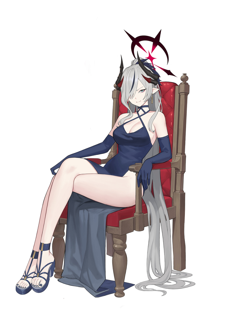 1girl, bare_shoulders, black_nails, blue_archive, blue_dress, blue_eyes, blue_gloves, blue_sandals